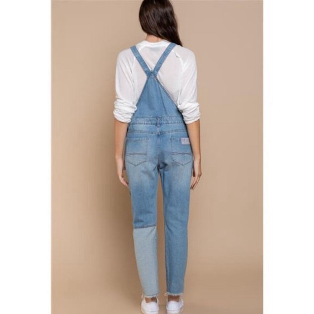 POL Slim Leg Denim Overalls With Patchwork Raw Hem 100% Cotton Size MEDIUM NEW - Picture 7 of 14